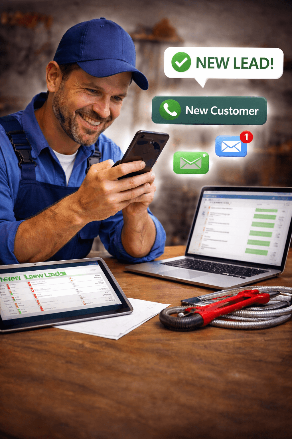 Plumber receiving NEW LEAD notification on phone